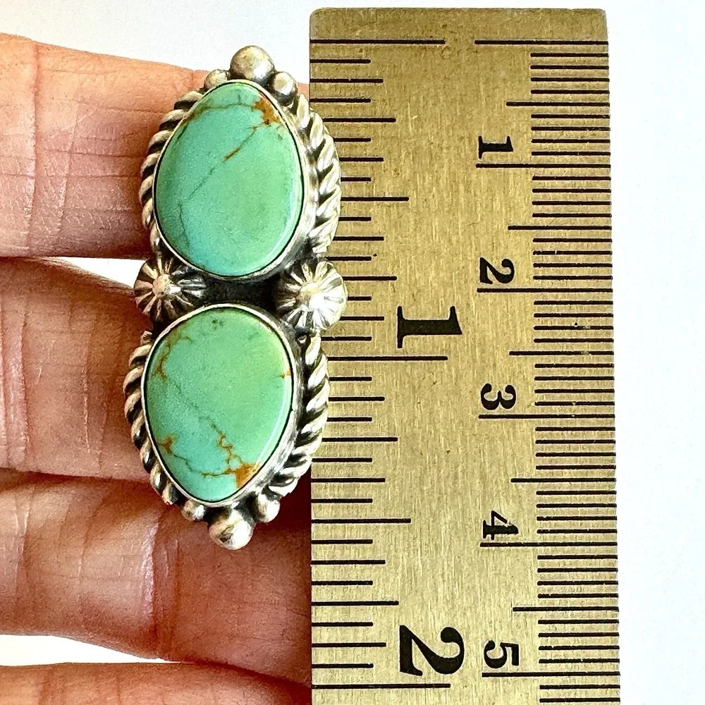 Navajo Turquoise Ring Two Stone Size 7 Signed Shakey Long Sterling